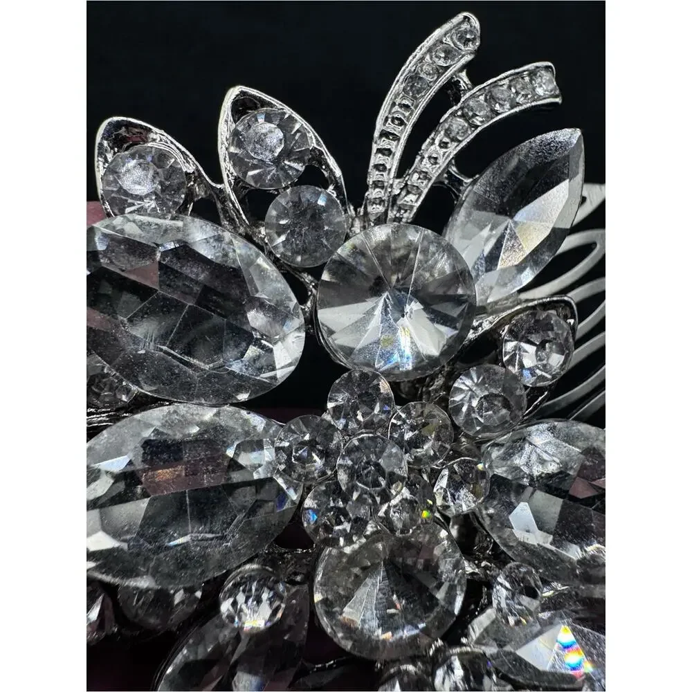 Crystal Rhinestone Bridal Prom Floral Silver Tone Elegant Hair Comb